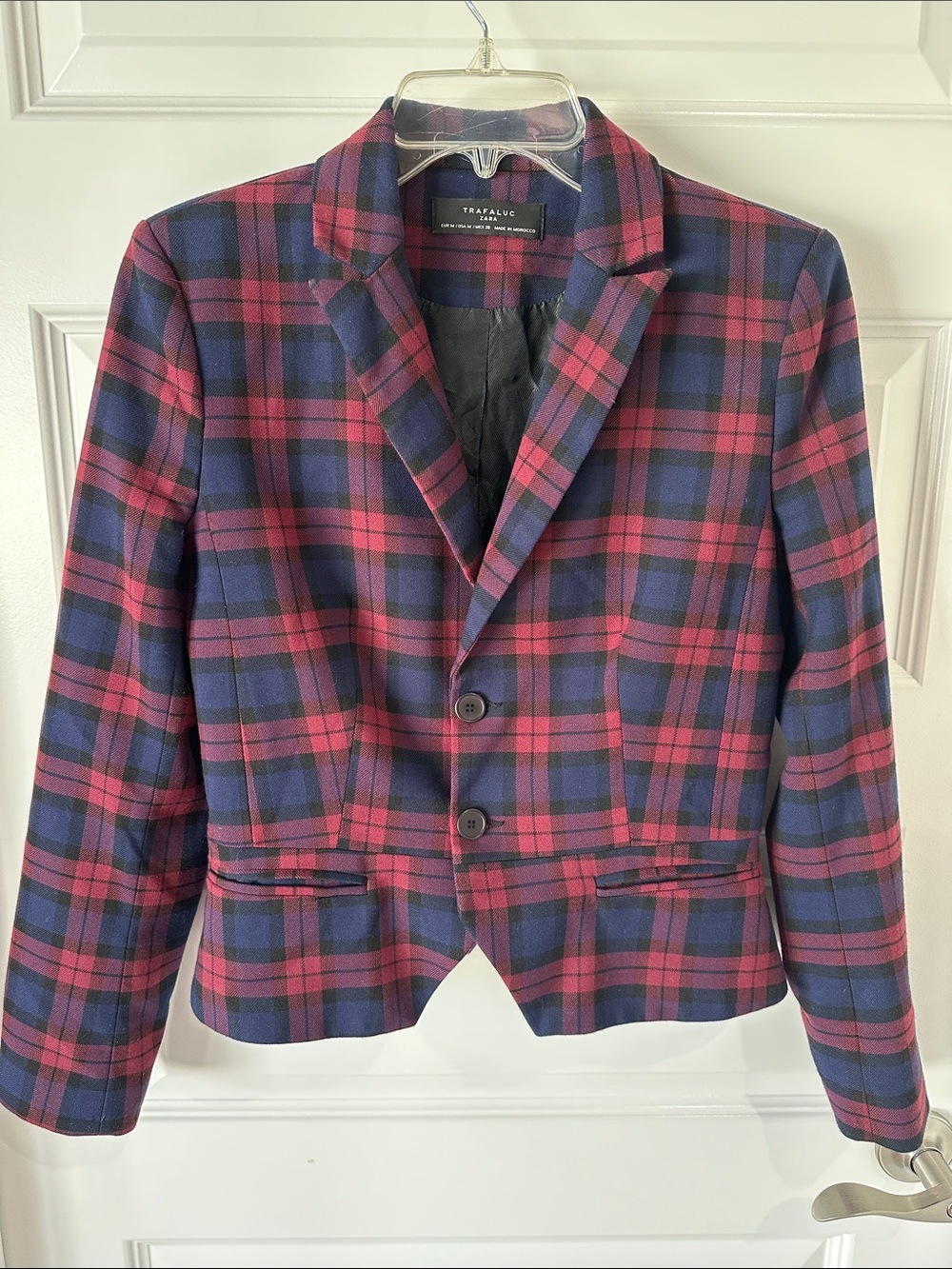 Zara Red & Navy Plaid Tailored Blazer, Size Medium